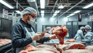 USDA certified pork meat supplier facility with quality inspection in progress